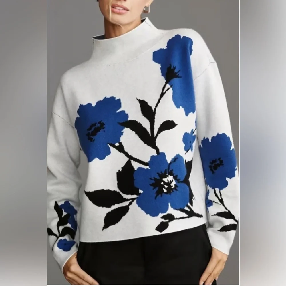 Anthropologie Maeve Carys Blue Floral Mock Neck Sweater, Size M - Picture 2 of 10